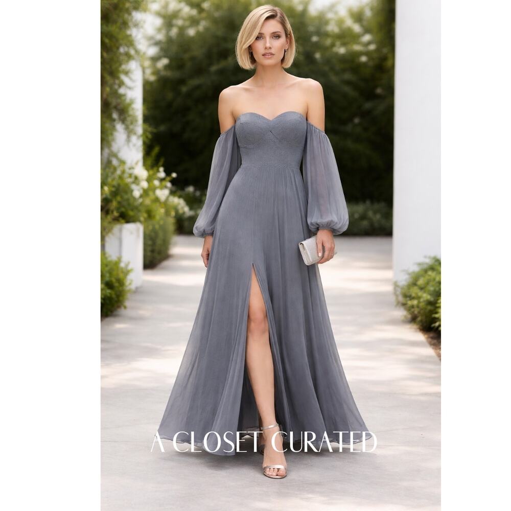 Halston Evening Off Shoulder Pleated Gown 0 Blue NEW